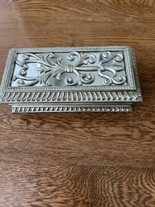 Ornate Silver Jewelry Trinket Box Black Velvet Lined Dresser Casket - Picture 1 of 13