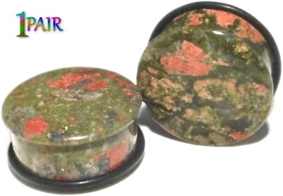 Pair 8g-25mm UNAKITE STONE PLUGS Single Flare Gauges Organic Ear 1514 - Image 1 of 3