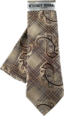 Stacy Adams Men's Tie Hanky Set Beige Brown Ivory Plaids Paisley 3.25" Wide - Image 1 of 4