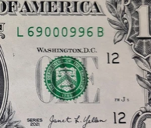 Fancy Serial Number $1 Bill Series 2021 ~69000996~ (Flippe/Trinary/Near Radar)AU - Picture 1 of 3