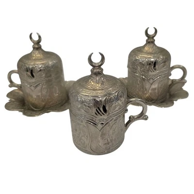 SENA Tescilliuron 3 Café Turco Metal Plata Tapa Taza 2 Platillos Luna Media Luna Foto 1 de 4