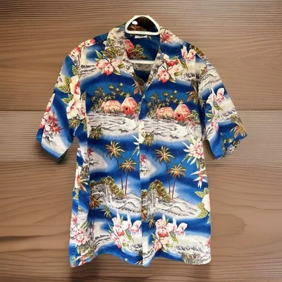Hana моды гавайская рубашка синий хижины, пальмы, цветочный мужской XL - Изображение 1 из 4