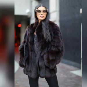 Damen Natur Echt Fuchspelzmantel Schwarz Weich Pelzjacke Winter Warm Dick Mantel - Bild 1 von 6