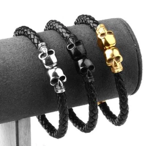 Stainless Steel Genuine Leather Bracelet with Skull Skeleton Head for Men - Picture 1 of 23
