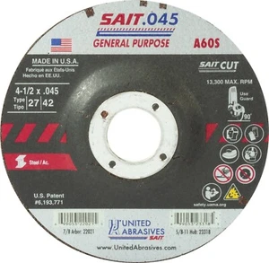 SAIT 22021 4-1/2"X .045"X 7/8" A60S GRIT TYPE 27 CUTTING WHEEL, 50/PK, FREE SHIP - Picture 1 of 1