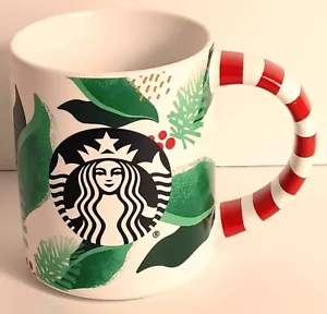 2019 Starbucks 12 Oz Keramik Becher Festive Green Leaf Zuckerstange Griff Design - Bild 1 von 6