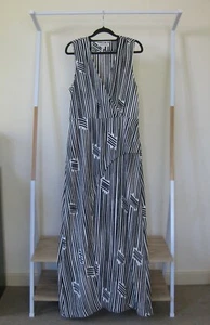 Country Road Maxi Dress Size 12 Black Cream Striped w/ Faux Wrap & Front Split - Picture 1 of 8