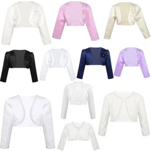Baby Girls Long Sleeve Satin Bolero Jacket Shrug Communion Church Dress Cover Up - Picture 1 of 125