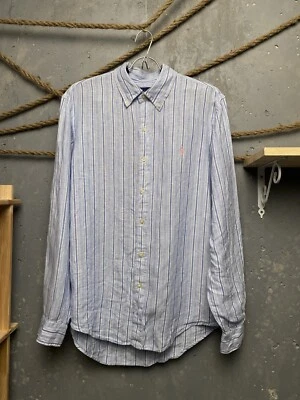 Polo Ralph Lauren Linen Long Sleeve Striped Blue Button Up  Shirt  Size M - Image 1 of 4