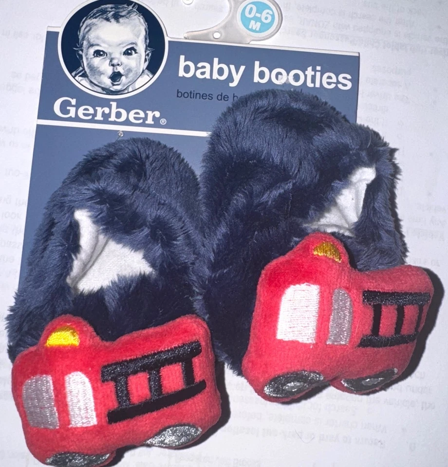 GERBER fleece slippers navy/red/fire /truck motif size 0-6 months - Image 1 of 1