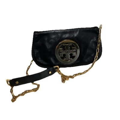 Tory Burch Reva Black Leather Purse Detachable Gold Chain Strap Crossbody Clutch - Image 1 of 4