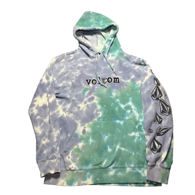 Vintage Volcom Hoodie Men's Medium Tie Dye Y2k Multicolor Embroidered Sweatshirt - Image 1 of 4