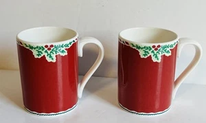 NWT Fitz and Floyd Yuletide Holiday Christmas Mugs Set of 2 Red Porcelain Holly - Picture 1 of 9