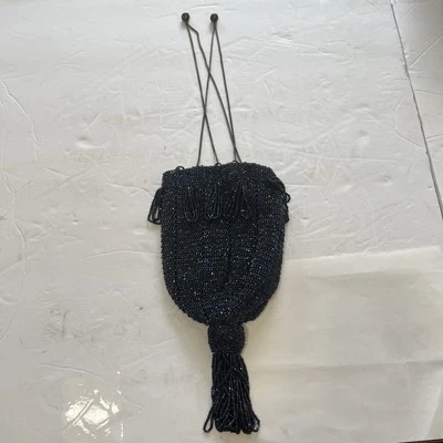 Antique Crochet Blue Iridescent Bead  LOOPS HANDLE Flapper Purse - Image 1 of 4