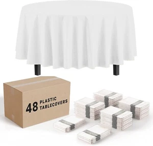 White round Tablecloths in Bulk 48 Pack White Plastic Disposable Table Cloth 84 - Picture 1 of 6