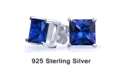 925 Sterling Silver Princess Cut Sapphire Cubic Zirconia Stud Earrings Women's - Image 1 of 4