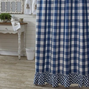 Wicklow China Blue White Check Ruffled Country Farmhouse Cotton Shower Curtain - Picture 1 of 2
