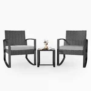 Asofer 3-Piece Patio Bistro Set-Wicker Rocking Chairs,Rattan Table&Cushions - Picture 1 of 8