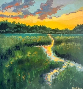 Original Landscape Painting Signed Sunset Fields Collectible Realism Wall Art - Picture 1 of 3