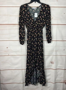 Velvet Torch Dress Womens S Black Floral Midi V-Neck Long Sleeve Elastic Waist - Picture 1 of 8