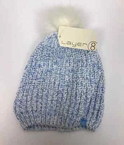 BRAND NEW Layer Teddy Fleece Pom Beanie Hat Blue White Women's One Size - Picture 1 of 2