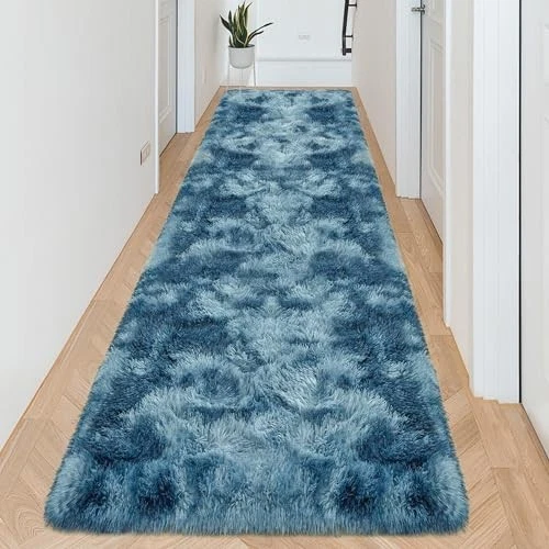 3x10ft Plush High Pile Blue Tie-Dyed Rug,Fluffy Soft Runner Bedside Rug,for  - Image 1 of 4