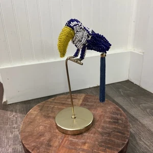 OPAL HOUSE Beaded Toucan WIRE Sculpture On Brass Perch India 9” - Picture 1 of 9