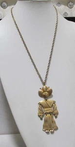 Vintage Articulated Jointed 4-1/4” Asian Figure Gold Tone Pendant on 24” Chain - Picture 1 of 11