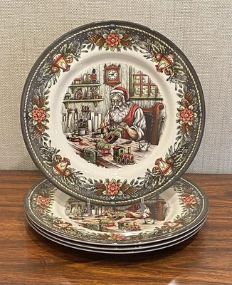 Набор из 4 керамических обеденных тарелок Royal Stafford Santa's Christmas Toy Workshop 11 дюймов - Изображение 1 из 4