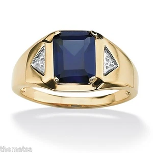 MENS 18K GOLD BLUE SAPPHIRE DIAMOND ACCENT OVER STERLING RING 8 9 10 11 12 13 - Picture 1 of 3