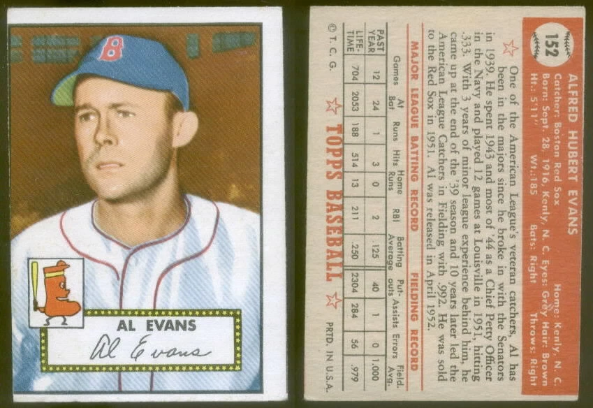 (7173) 1952 Topps 152 Al Evans White Back Red Sox-VG - Image 1 of 1