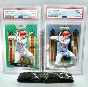 2021 Panini Mike Trout Lot (2) #SG-1 Stained Glass Green Prizm & Base PSA 9 Set - Picture 1 of 4