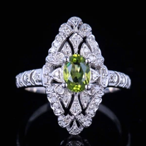 2ct Lab-Created Green Peridot Antique Vintage Engagement Ring White Gold Plated - Picture 1 of 8