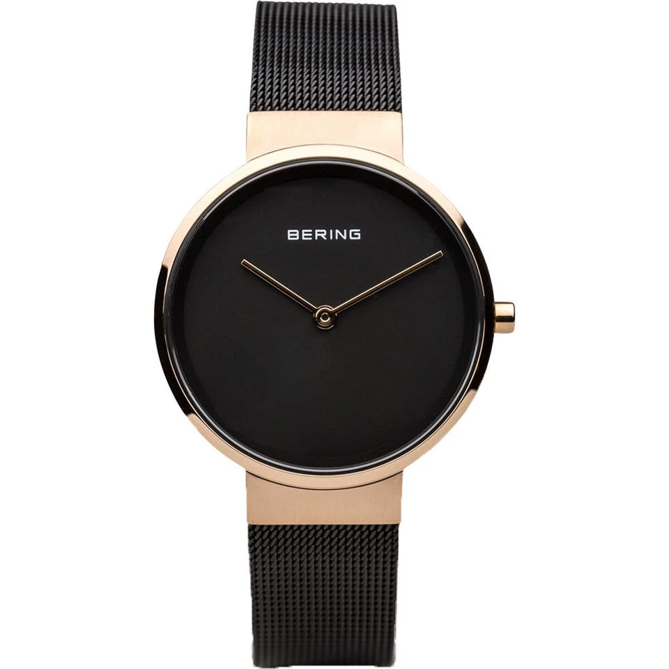 BERING Classic Polished Rose Gold Black Mesh Stainless Band Watch 14531-166
