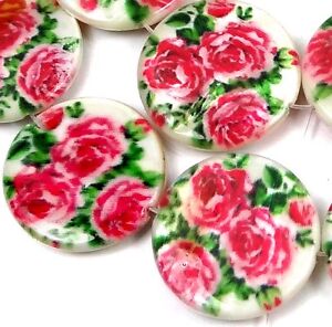 20mm Pink Rose Flower Mother Of Pearl Disc MOP Beads 16"