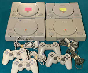 Sony PlayStation 1 Game Lot of 4 Consoles & Controllers Gray For Parts or Repair