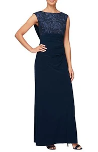 Alex Evenings 81171137 Sequin Floral Bodice Cowl Back Gown SZ 14 ($199) Navy - Picture 1 of 2