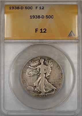 1938-D Walking Liberty Half Dollar Coin 50C ANACS F 12 A - Image 1 of 2