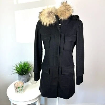 SAM Parka Black Wool Coat Small Fur Trim Hood Women’s Small Campus Jacket Warm - Image 1 of 4