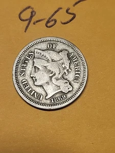 1869 3 Cent Nickel  Lot 9-65 - Picture 1 of 2