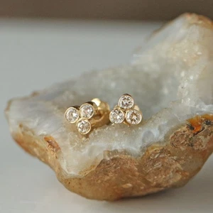 Trio Diamond Tiny Studs Earrings In Solid 14kYellow Gold Minimalist Fine Jewelry - Picture 1 of 8