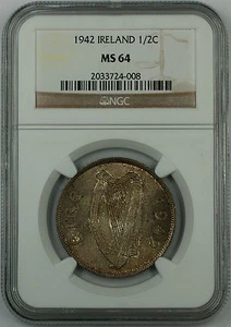 1942 Ireland 1/2C Half Crown Silver Coin, NGC MS-64, Toned - Picture 1 of 2