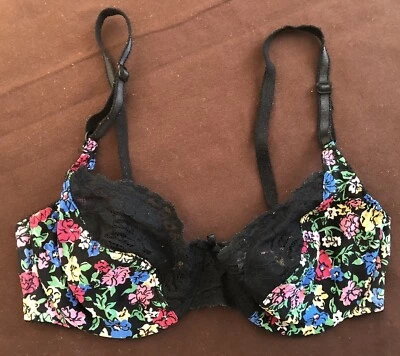 VTG 90s Warners Floral Print #1573 Lace Bra 34C Underwire Back Closure Multi/Blk - Image 1 of 4