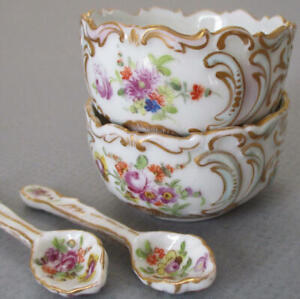 2 Antique DRESDEN HP Porcelain Open Salts w SPOONS Flowers + GILT Trim * Thieme