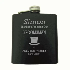 Personalised Groomsman Top Hat 6oz Matt Black Hip Flask In A Paper Box HF602 - Picture 1 of 1