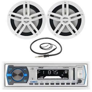 Pyle PLMRB29W Boat Yacht USB AM/FM Radio Receiver, 2x 6.5" Speakers, Antenna - Picture 1 of 4