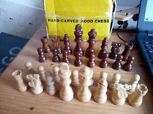 VINTAGE WOODEN HAND CARVED CHESS PIECES, FULL SET, IN BOX.  CHARITY SALE