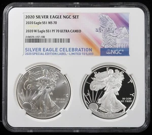 2020 MS 70 & 2020 W PF 70 Ultra Cameo Silver Eagle NGC Set Special Edition Label - Picture 1 of 2