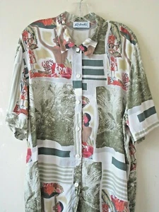 Vintage 90s Blouse Shirt Green Aloha Floral Pink Long Oversized Sz M L - Picture 1 of 7