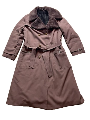 Chaqueta de trinchera vintage años 70 Smug marrón forrada de piel sintética rancho PeaCoat discoteca con cinturón M Foto 1 de 4